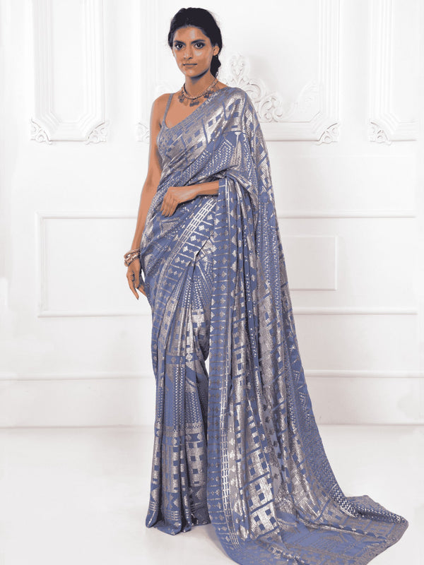 Enchanting Grey Sequins Georgette Reception Wear Saree With Blouse