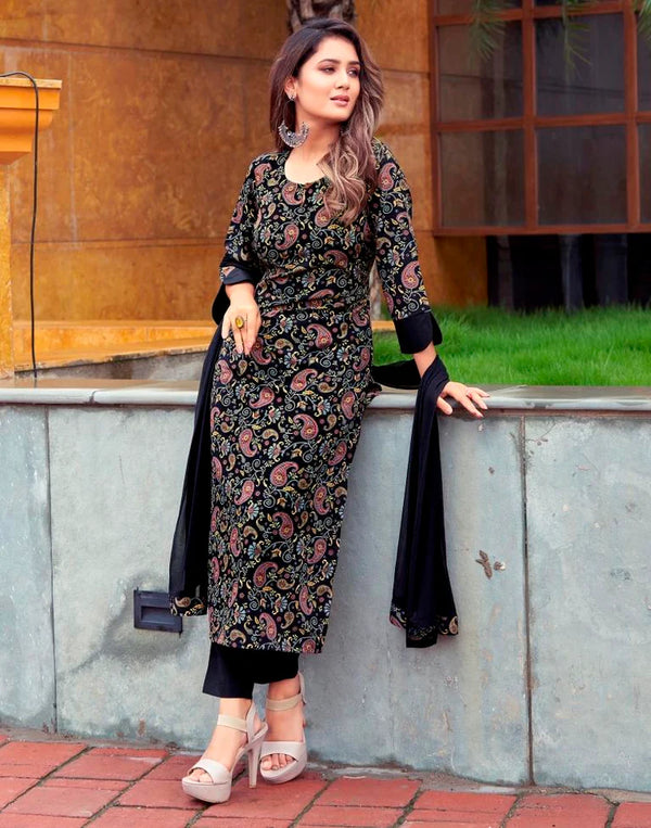 Black Printed Straight Kurta With Pant And Dupatta