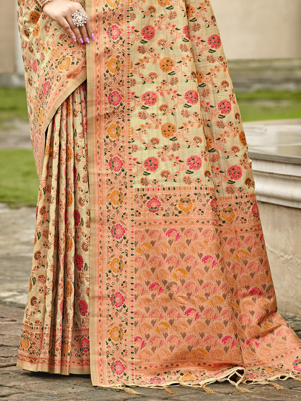 Beige Silk Blend Saree With Blouse Piece