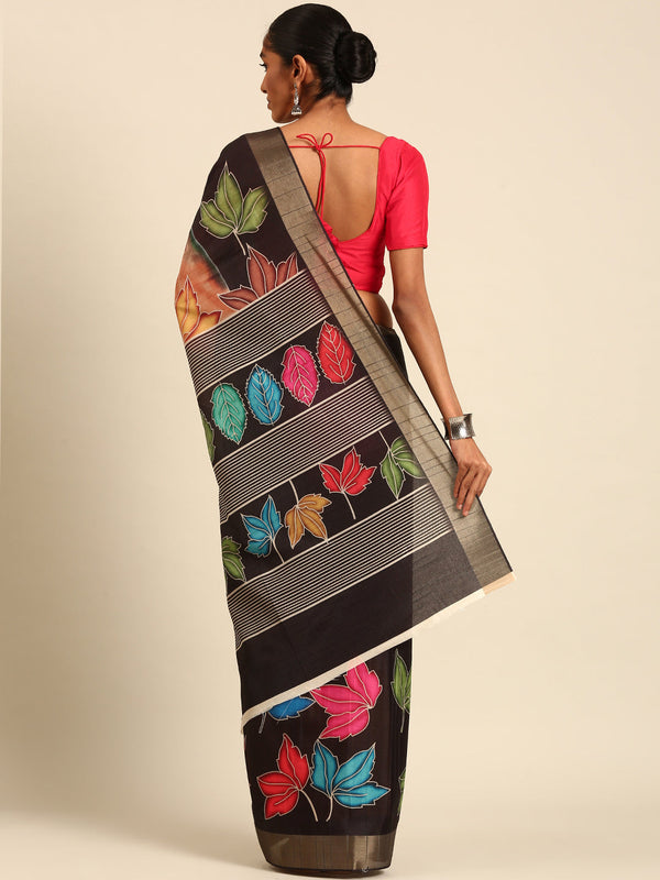 Black Cotton Digital Print Saree With Blouse Piece