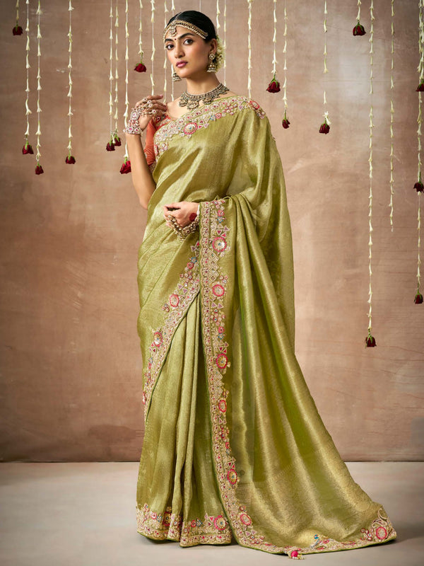 Adorable Pista Green Heavy Border Work Silk Festival Wear Saree