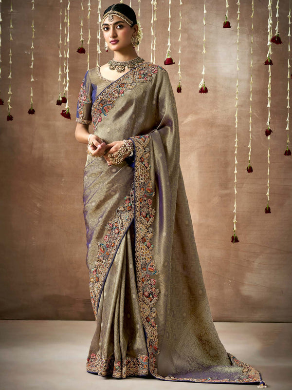 Charming Olive Green Sequins Silk Wedding Wear Saree With Blouse