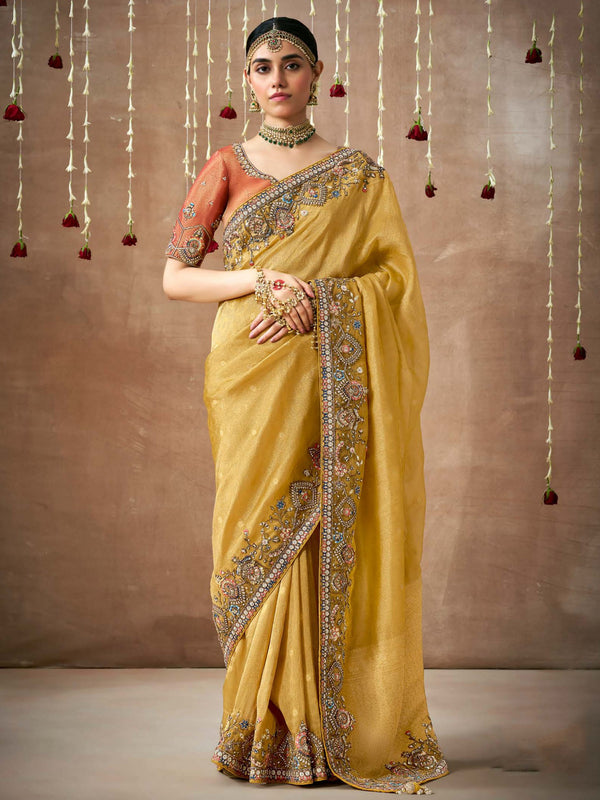 Glamorous Mustard Yellow Silk Haldi Wear Saree With Blouse