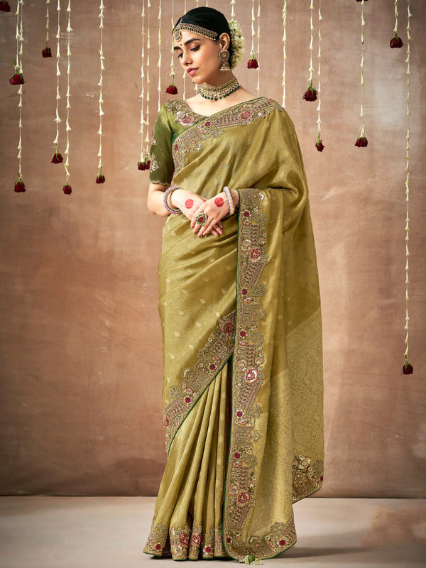 Beautiful Olive Green Heavy Border Work Silk Mehendi Wear Saree