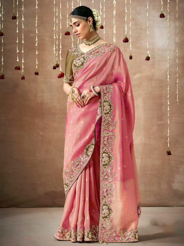 Alluring Pink Heavy Border Work Silk Wedding Saree With Blouse