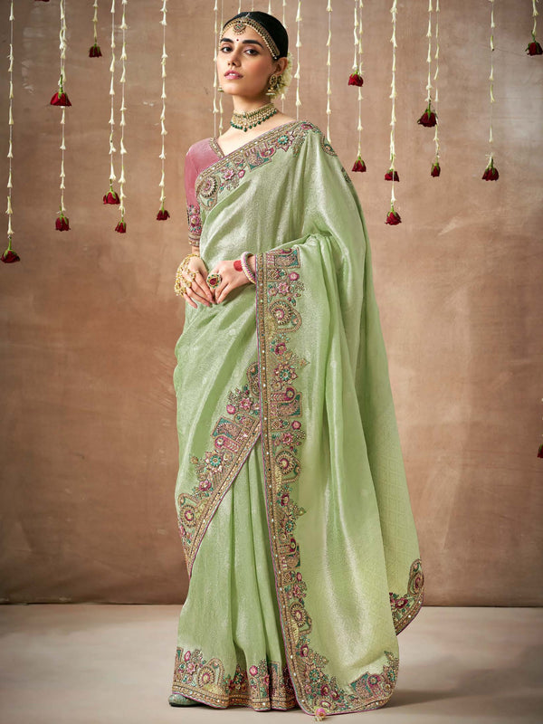 Attractive Pista Green Heavy Border Work Silk Saree With Blouse