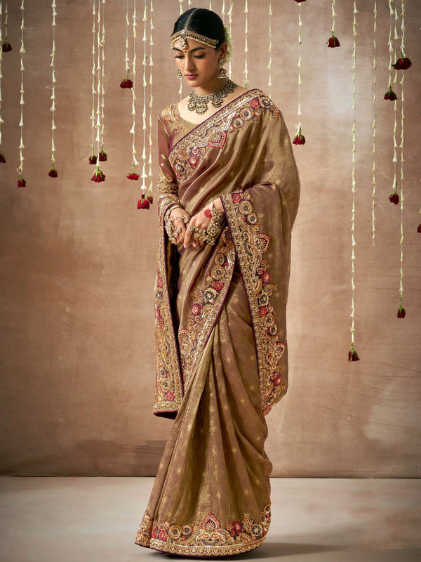 Awesome Brown Heavy Border Work Silk Wedding Saree With Blouse