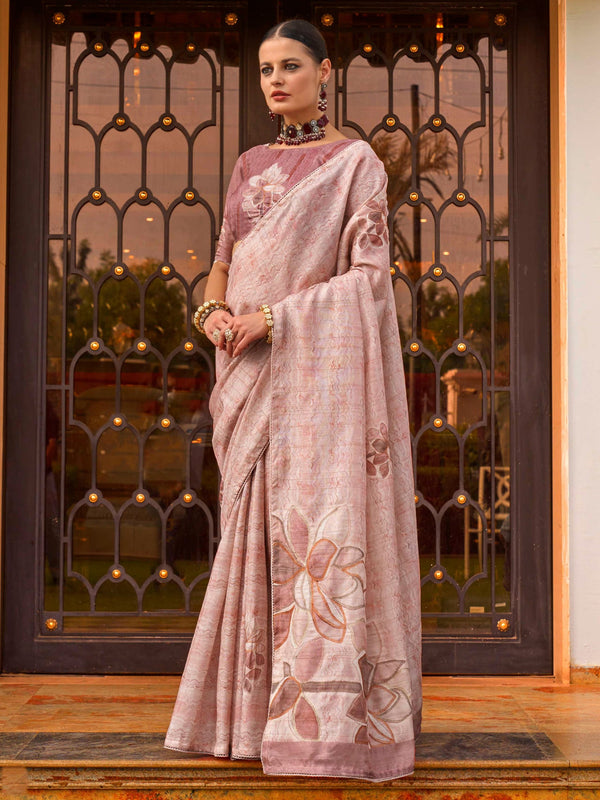 Charming Dusty Pink Printed Silk Festival Wear Saree With Blouse