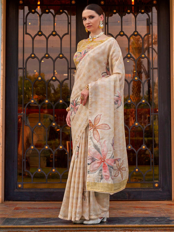 Beautiful Off-White Printed Silk Traditional Saree With Blouse