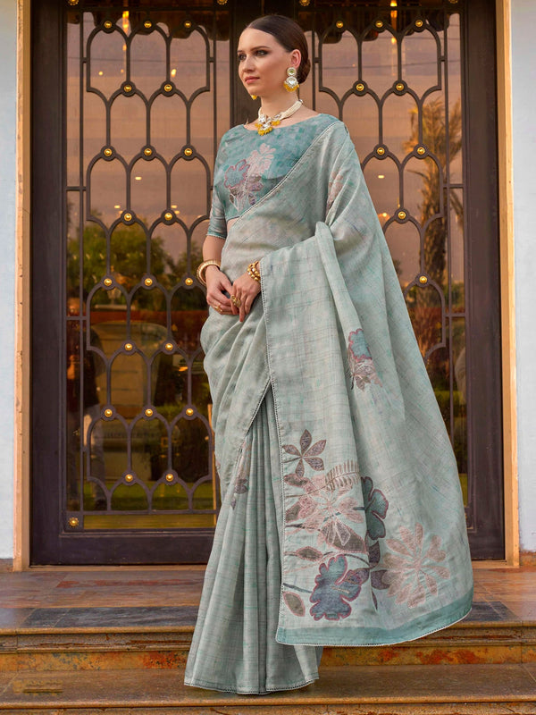 Gorgeous Sky Blue Printed Silk Event Wear Saree With Blouse