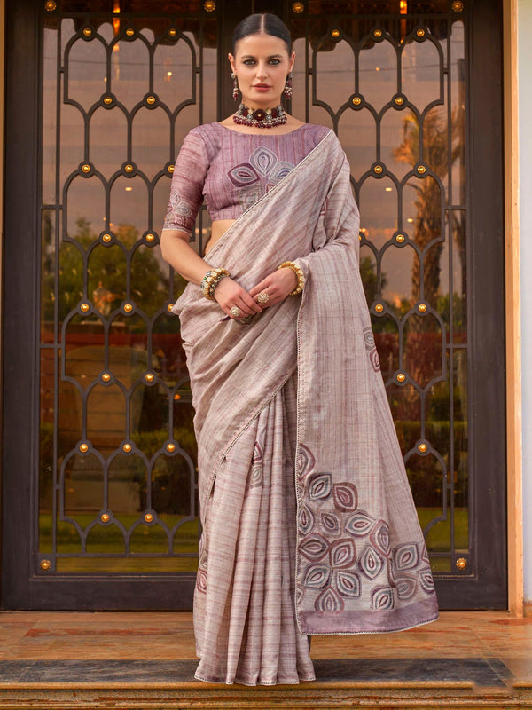 Stunning Dusty Purple Printed Silk Casual Wear Saree With Blouse