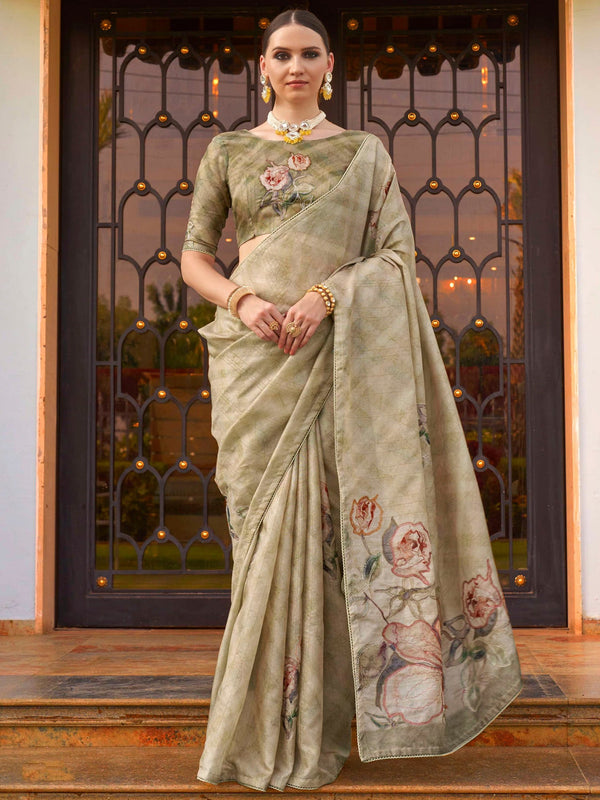 Astonishing Olive Green Printed Silk Festival Wear Saree With Blouse