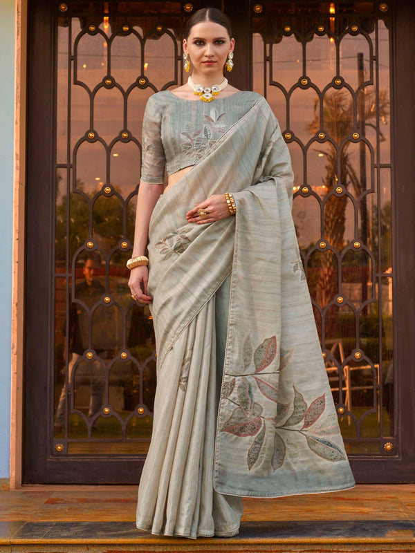 Marvelous Grey Printed Silk Event Wear Saree With Blouse