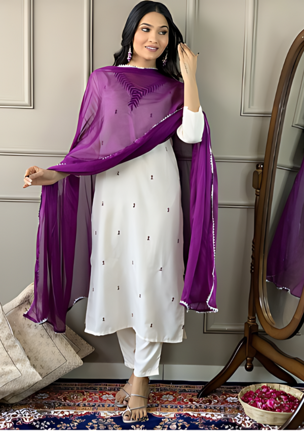 Floral Embroidered Straight Kurta & Trousers With Dupatta