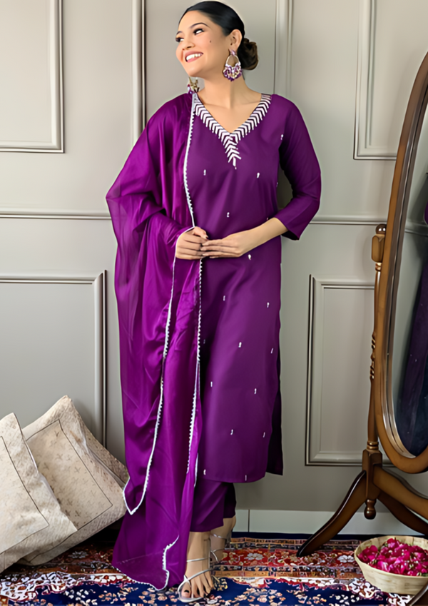 Floral Embroidered V-Neck Sequinned Straight Kurta with Trousers & Dupatta