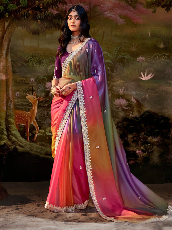 Attractive Multi-Color Sequins Organza Wedding Saree With Blouse