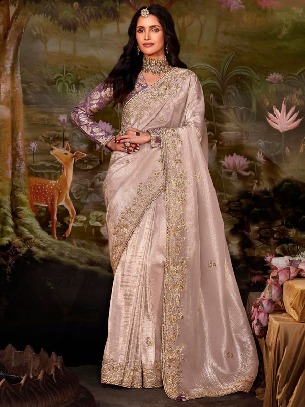 Amazing Misty Rose Embroidered Organza Traditional Saree With Blouse