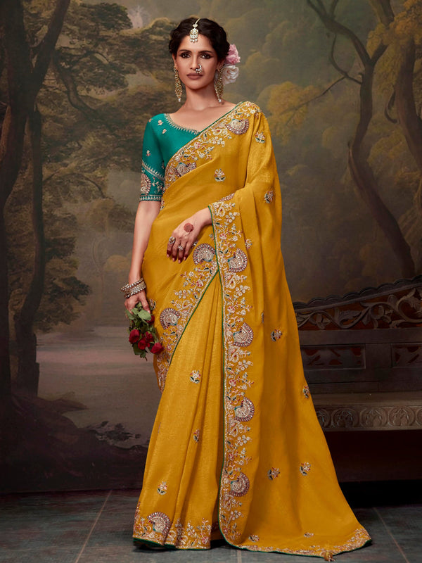 Attractive Yellow Embroidered Silk Haldi Wear Saree With Blouse