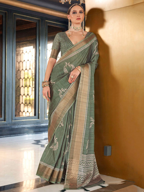 Gorgeous Sea-Green Digital Printed Silk Event Wear Saree With Blouse