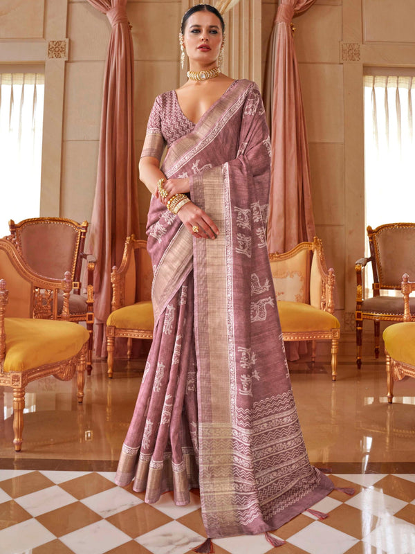 Beautiful Dusty Purple Printed Silk Casual Wear Saree With Blouse