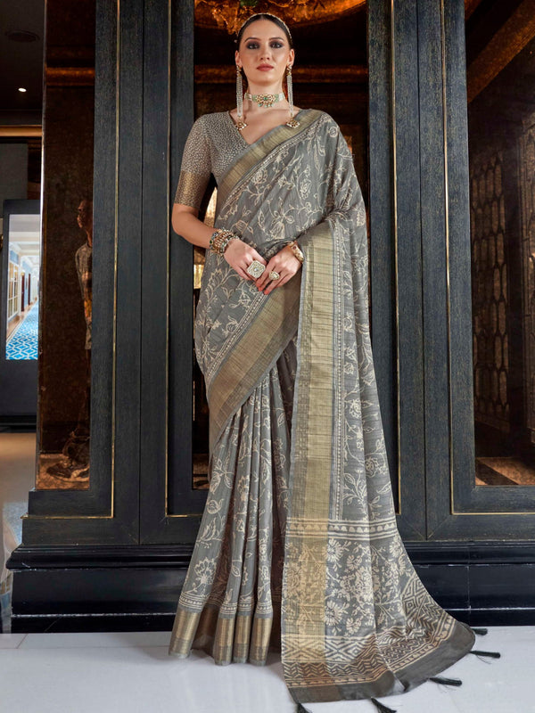 Stunning Grey Digital Printed Silk Traditional Saree With Blouse