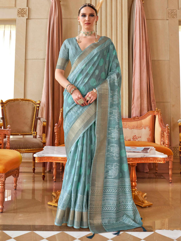 Enchanting Sky-Blue Digital Printed Silk Festival Wear Saree With Blouse