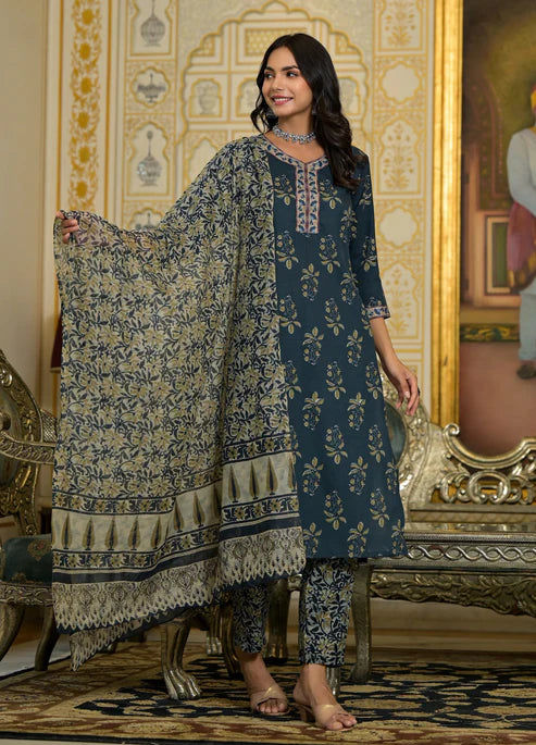 Women Embroidery Straight Kurta and Pant set with Dupatta