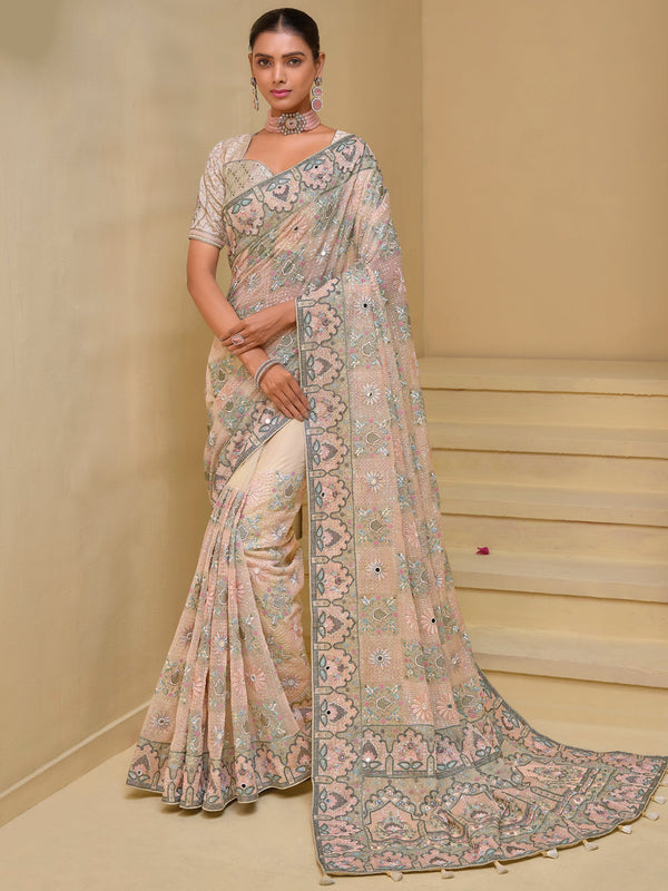 Fabulous Cream Sequins Organza Wedding Wear Saree With Blouse