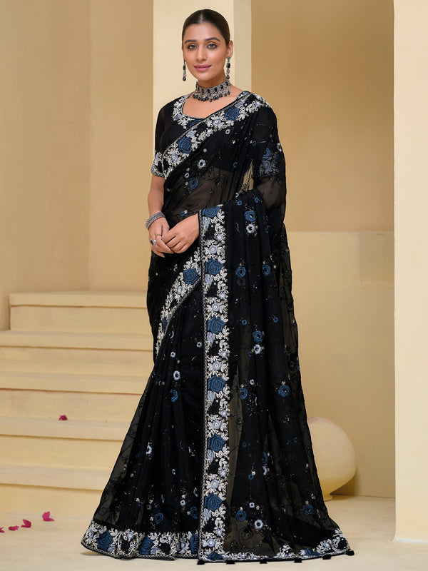 Amazing Black Embroidered Organza Reception Wear Saree With Blouse