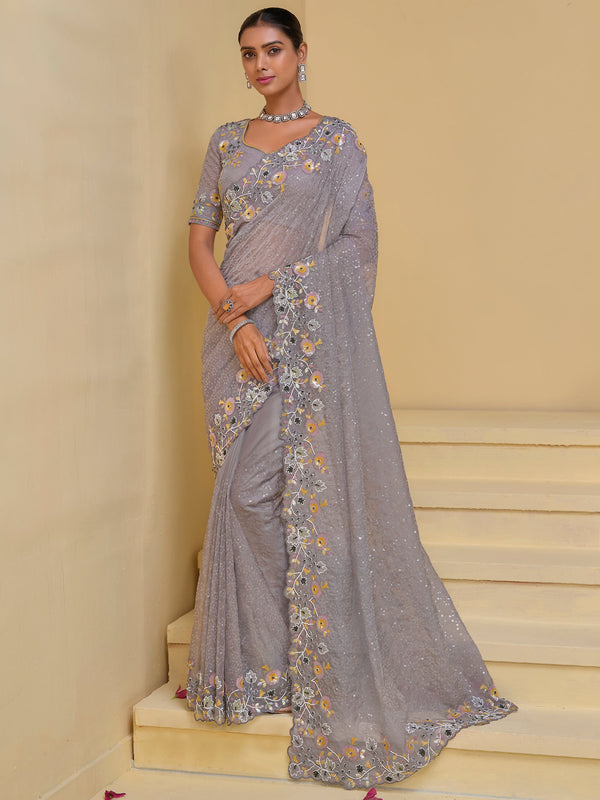 Attractive Grey Sequins Organza Party Wear Saree With Blouse