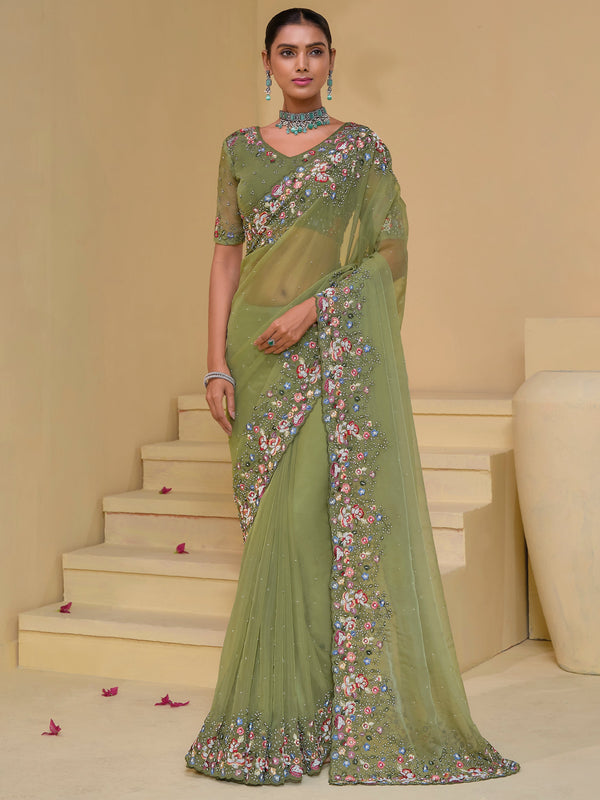 Stunning Light Green Thread Work Organza Event Wear Saree With Blouse