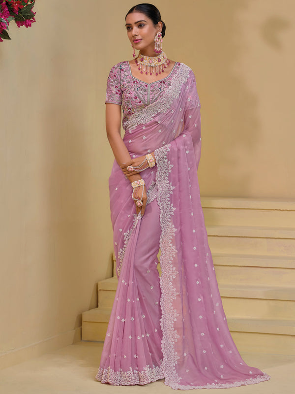 Wonderful Lavender Moti Work Organza Bridesmaid Saree With Blouse