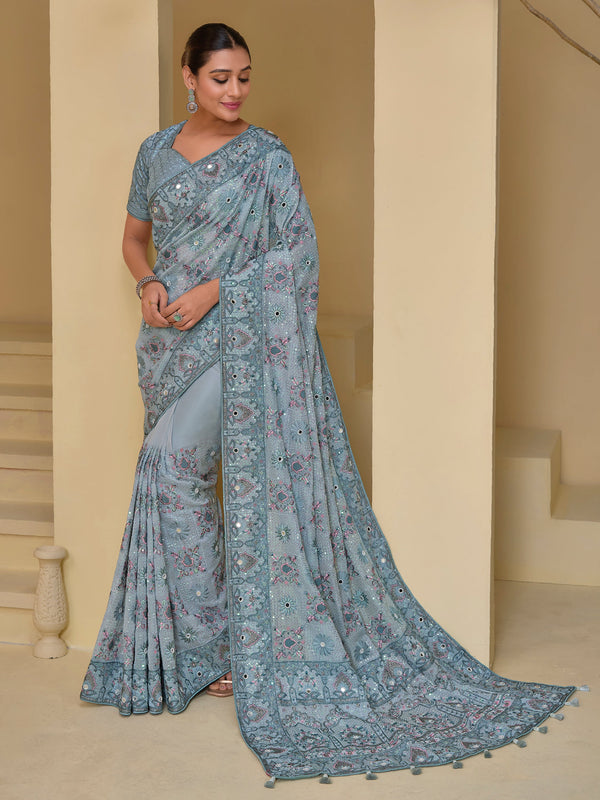 Sweet Grey Mirror Work Organza Reception Wear Saree With Blouse