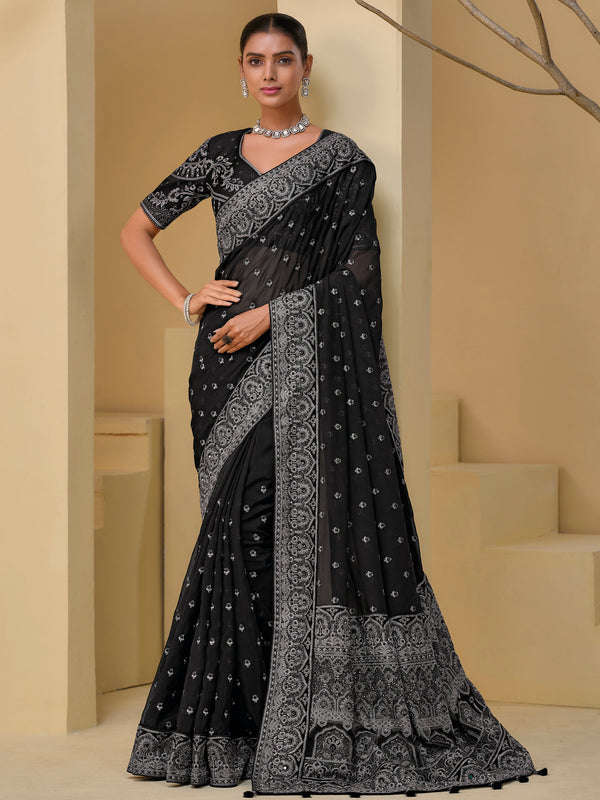 Outstanding Black Embroidered Organza Festival Wear Saree With Blouse