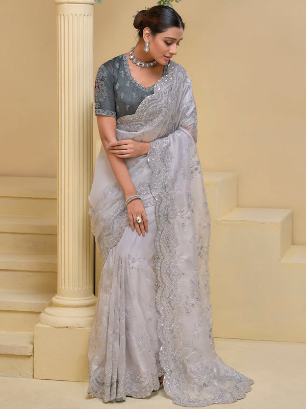 Spectacular Grey Stone Work Organza Reception Wear Saree With Blouse