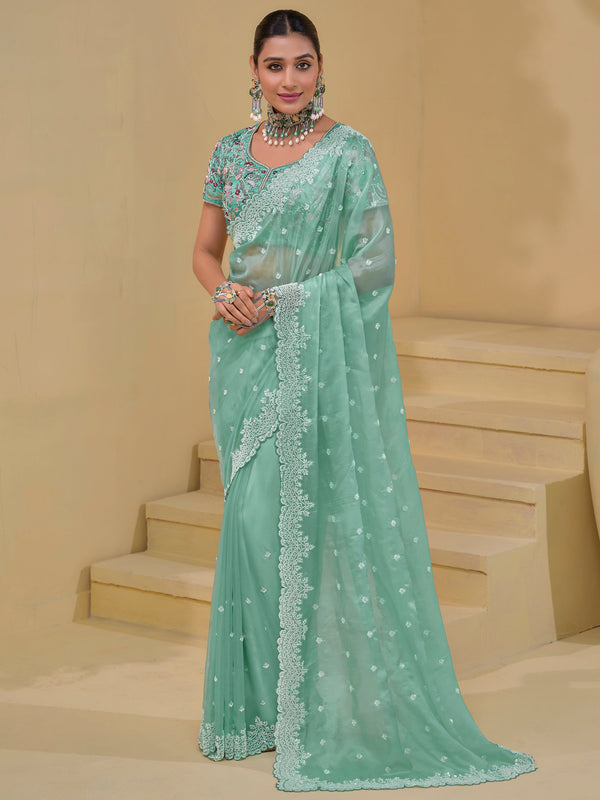 Beautiful Sea Green Sequins Organza Wedding Saree With Blouse