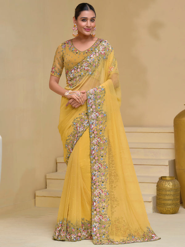 Awesome Yellow Stone Work Organza Haldi Wear Saree With Blouse