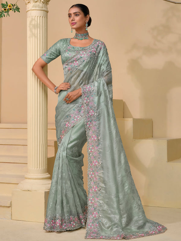 Lovely Sea Green Mirror Work Organza Festival Wear Saree With Blouse