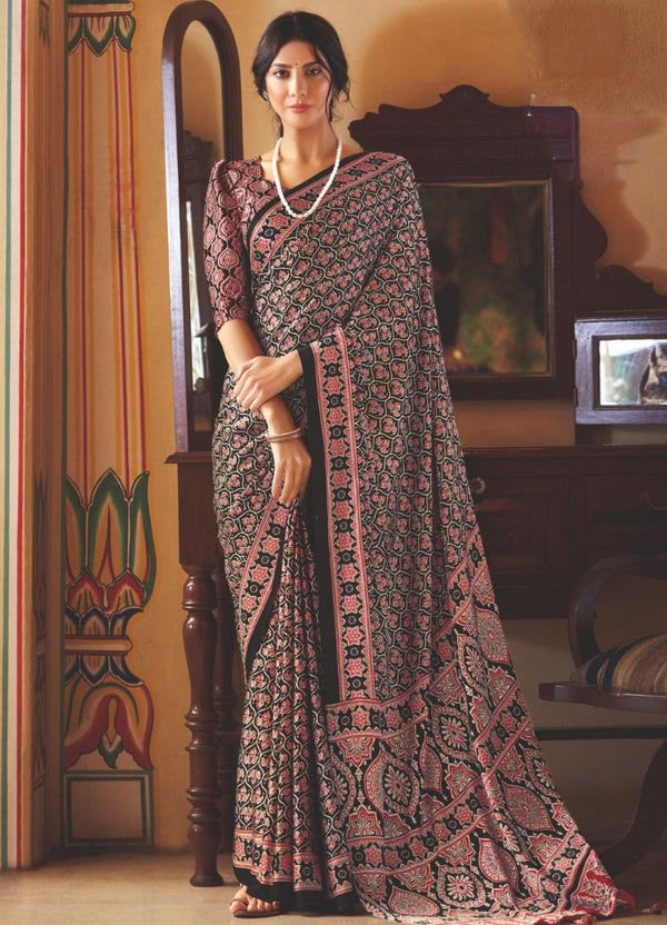 Roman Coffee Brown Ajrakh Printed Satin Crepe Saree