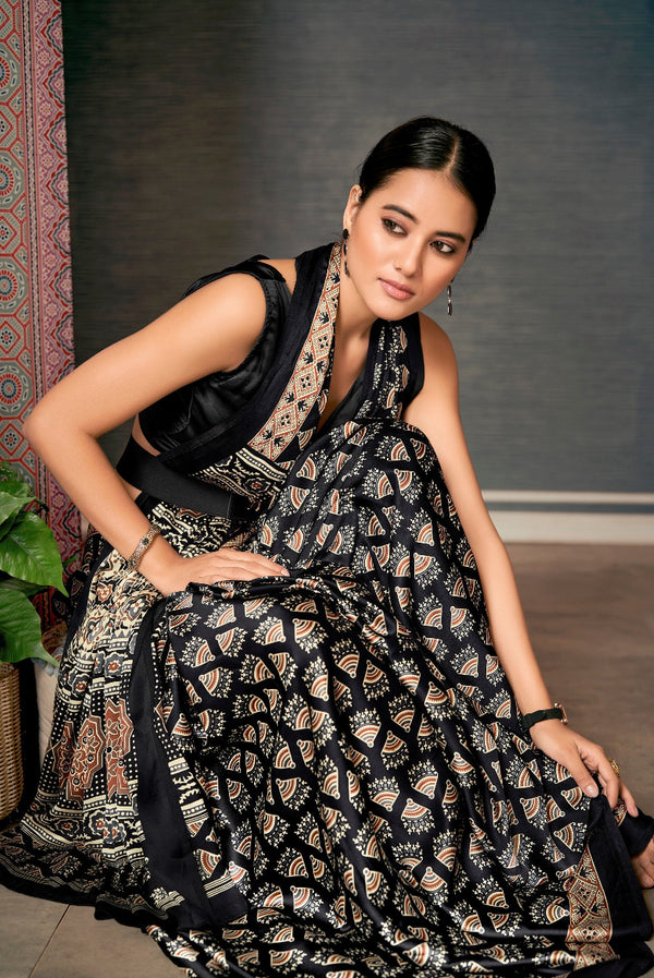 Onyx Black Digital Printed Ajrakh Satin Crepe Saree