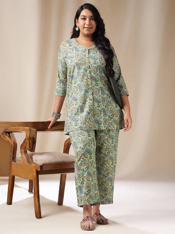 Plus Size Sage Cotton Floral Shirt Style Co-ord Set