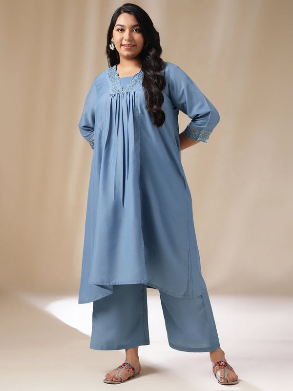 Plus Size Blue Muslin Yoke Embroidery Panelled Kurta Set