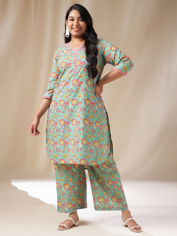 Plus Size Light Blue Cotton Floral High-Low Kurta Set