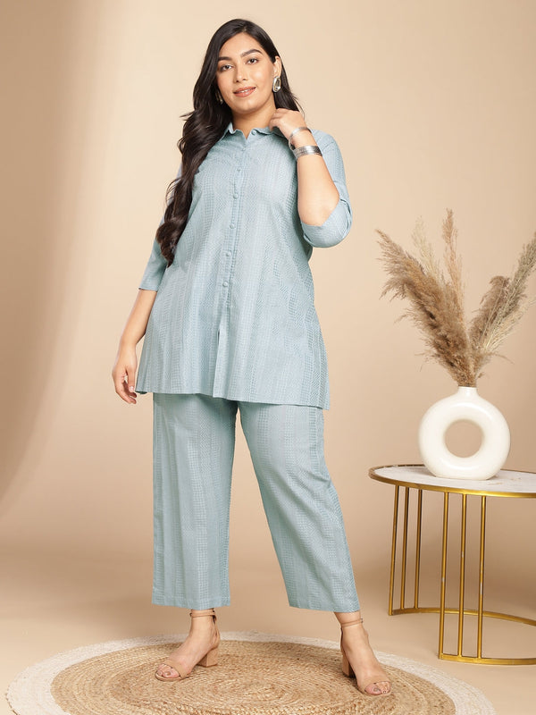 Plus Size Light Blue Cotton Jecquard Self Design Shirt Style Co-ord Set