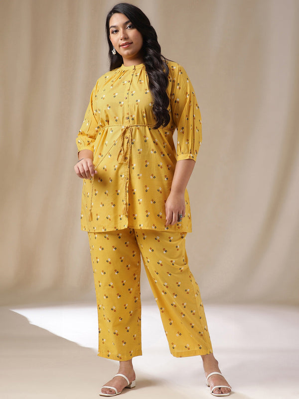 Plus Size Mustard Cotton Bandhani A-Line Co-ord Set