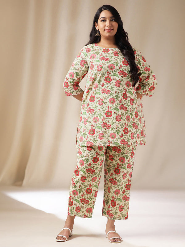 Plus Size Off White Cotton Floral A-Line Co-Ord Set