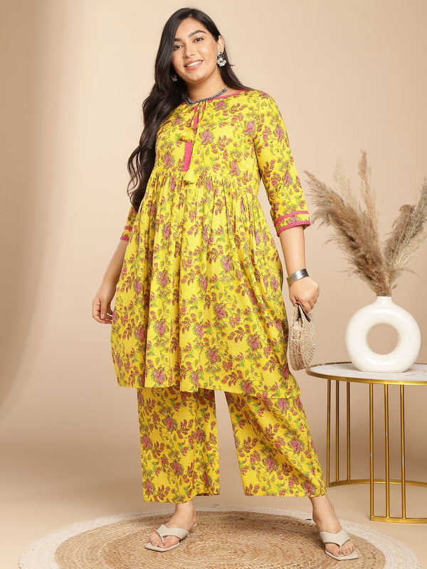 Plus Size Yellow Cotton Floral Gathered Kurta Set