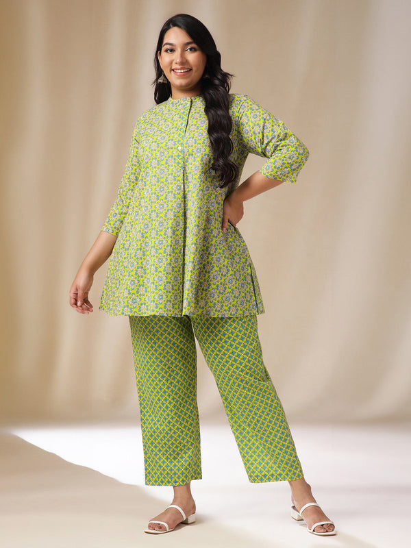 Plus Size Lime Green Cotton Ethnic Motifs A-Line Co-Ord Set