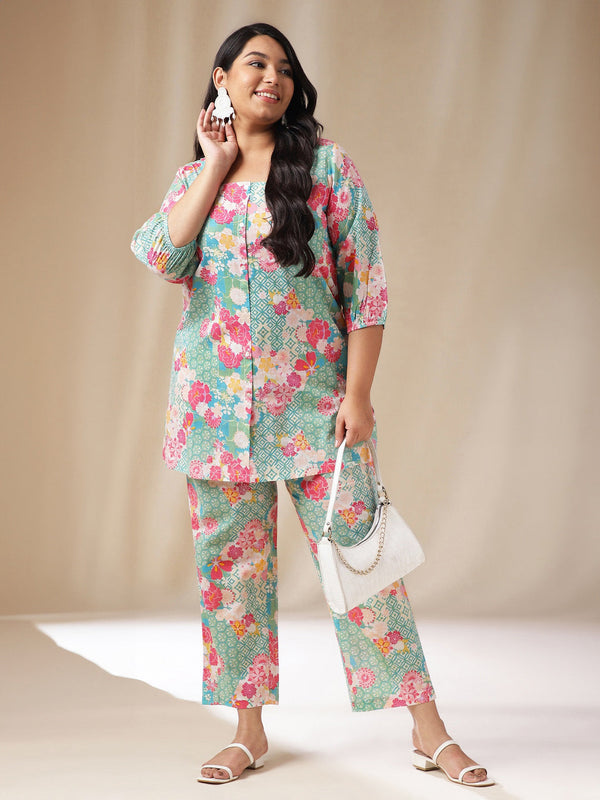 Plus Size Multicolor Cotton Ethnic Motifs A-Line Co-ord Set