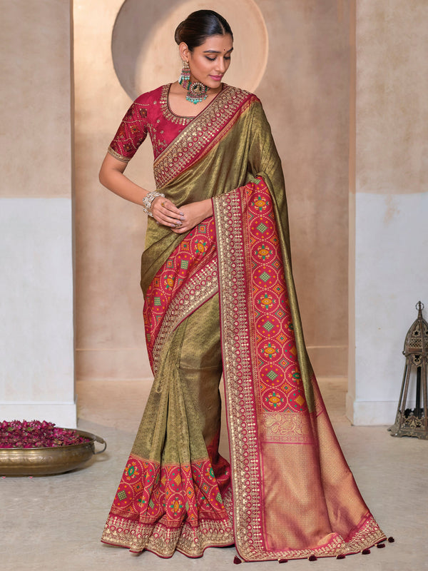 Magnetic Olive Green Weaving Kanjivaram Silk Festival Wear Saree